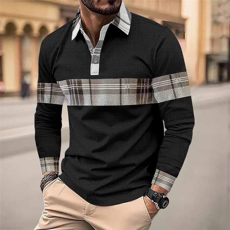 Hehope Men's long sleeved Polo shirt 2024 new Spring and Autumn plaid casual fashion lapel shirt European and American large size