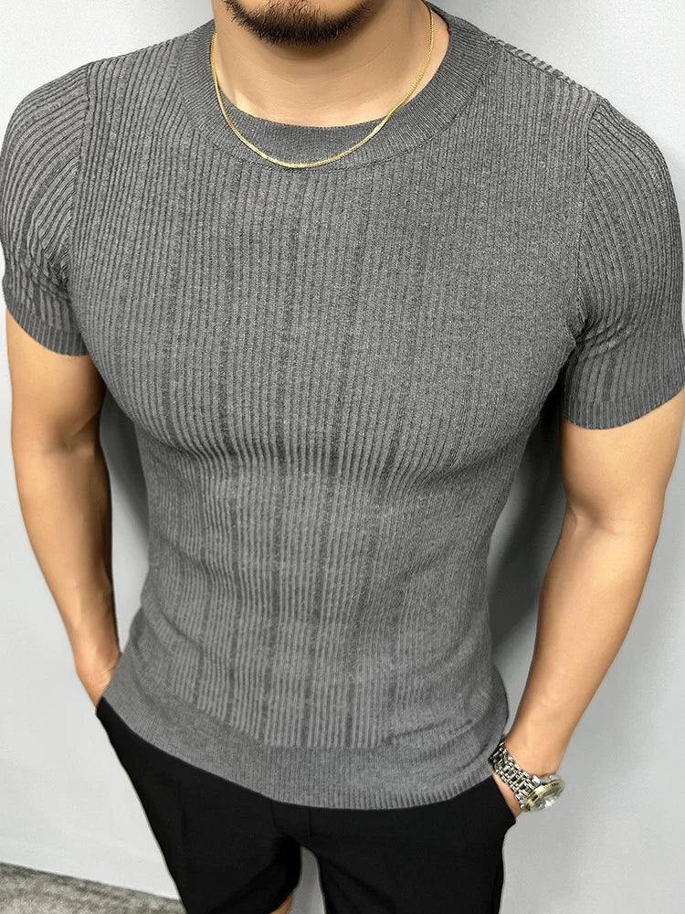 Hehope Summer Short Sleeve Knitted T-shirt Men Striped Round Neck T-shirts Elasticity Slim Fit Casual Business Social Bottoming Shirt