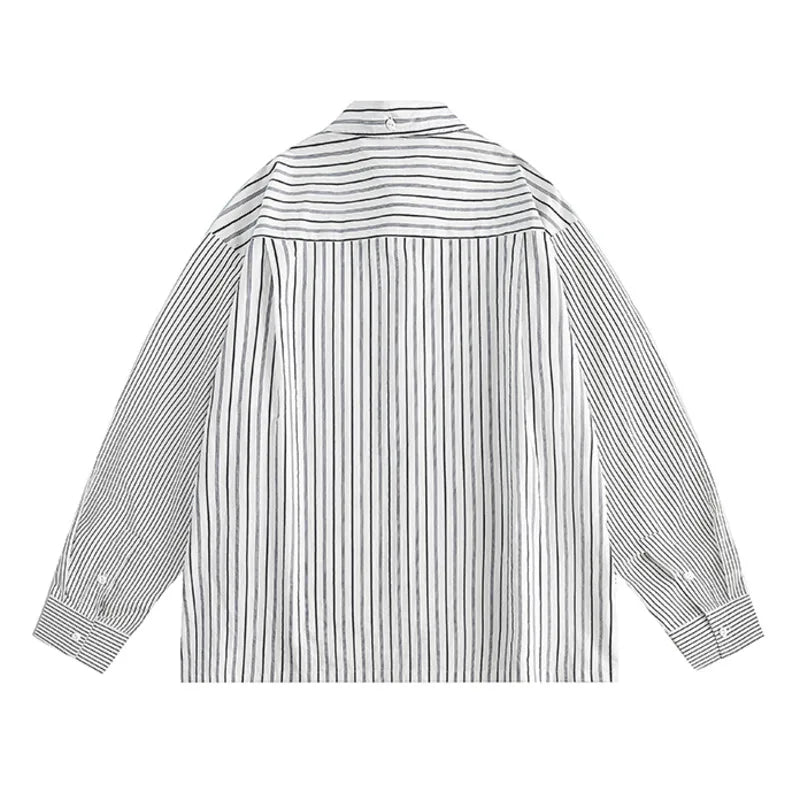 Hehope Men Retro Striped Shirt Hip Hop Streetwear Oversize Shirt Chest Pocket Harajuku Long Sleeve Checkered Patchwork Shirt Coats