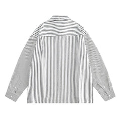 Hehope Men Retro Striped Shirt Hip Hop Streetwear Oversize Shirt Chest Pocket Harajuku Long Sleeve Checkered Patchwork Shirt Coats