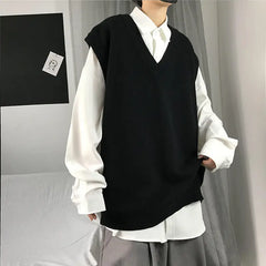 Hehope Spring New Korean Fashion Men Pullover Oversized Sweater Vest Male Loose Casual Harajuku Waistcoat Knit Vest for Men