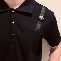 Hehope Shoulder Strap Decorate Polo T-shirt Men Quality British Lapel Short Sleeved Polo Shirt Summer Business Simple