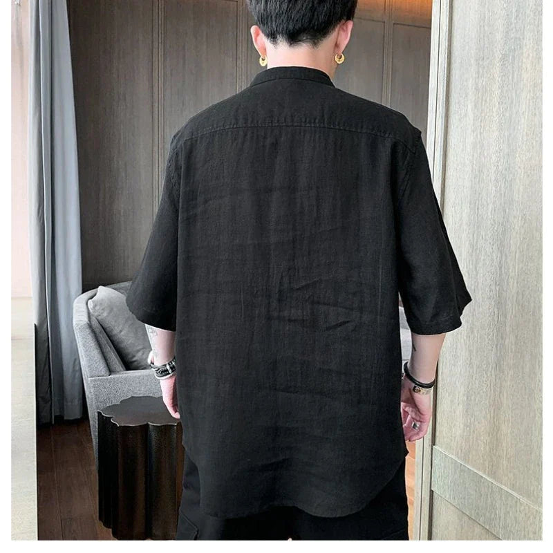 Hehope 2024 Summer New Trendy and Handsome Short Sleeves Thin Simple and Breathable Japanese Men's Pocket Shirt with 5/4 Sleeve Top