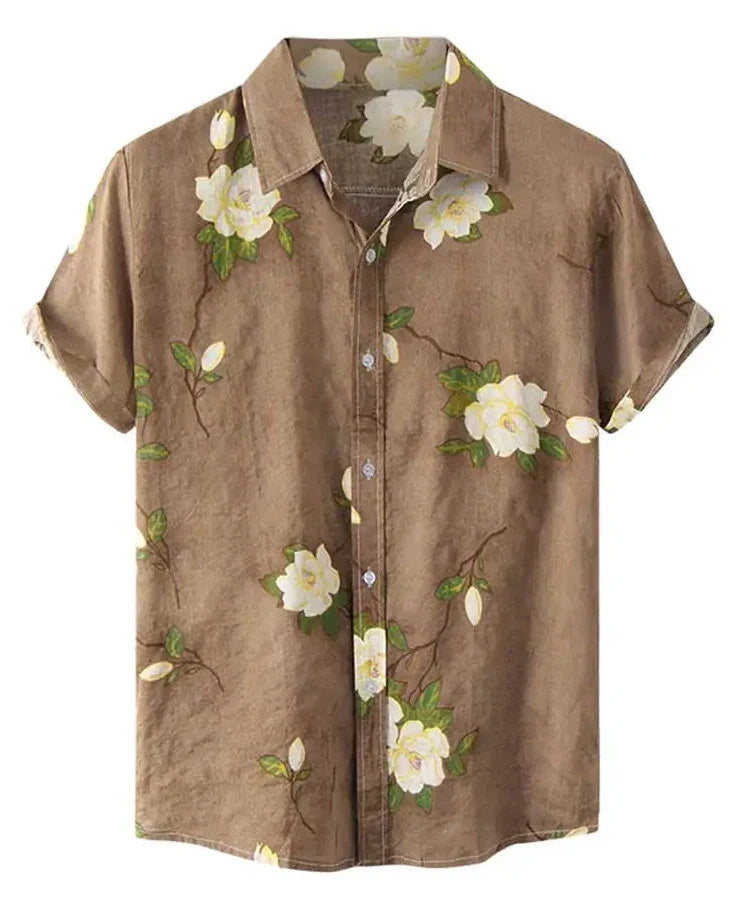 Hehope Shirts for Men Flowers Pattern Short Sleeves Blouses Summer Streetwear Shirt Casual Button Loose Tops Hawaiian Style