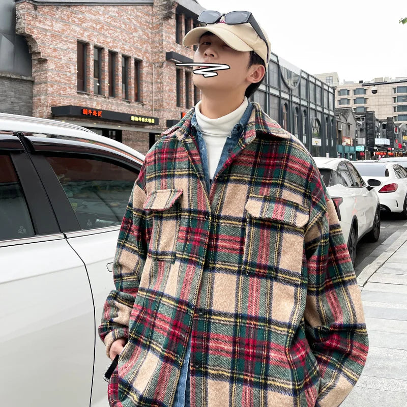 Hehope Thick Plaid Woolen Coat Men Warm Oversized Retro Thickened Woolen Jacket Mens Streetwear Korean Loose Short Woolen Coat Men