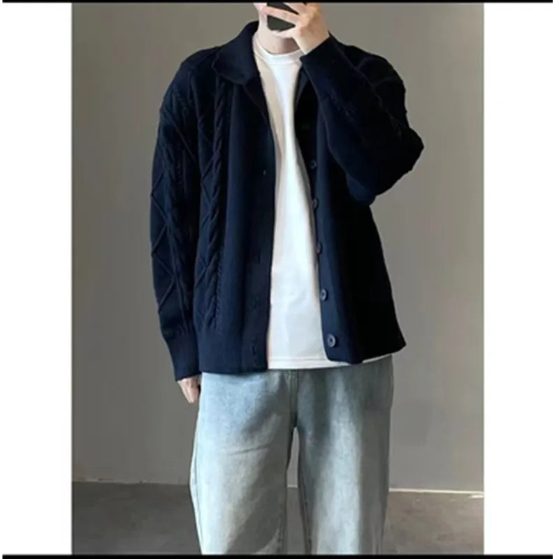 Hehope Korean Fashion Single Breasted Knitted Cardigan Men New Autumn and Winter Men's Thick Needle Button Casual Loose Jumper Sweaters