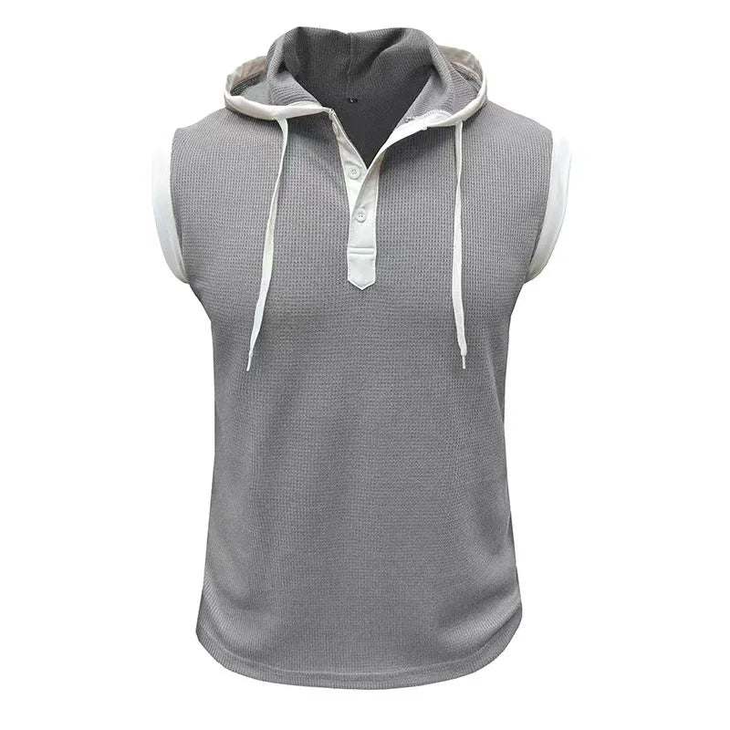 Hehope Summer New Short Sleeve Hoodie T-shirt For Men's Henley Neck Breathable Loose Sports Clothing Waffle Casual Solid Color Tees Top