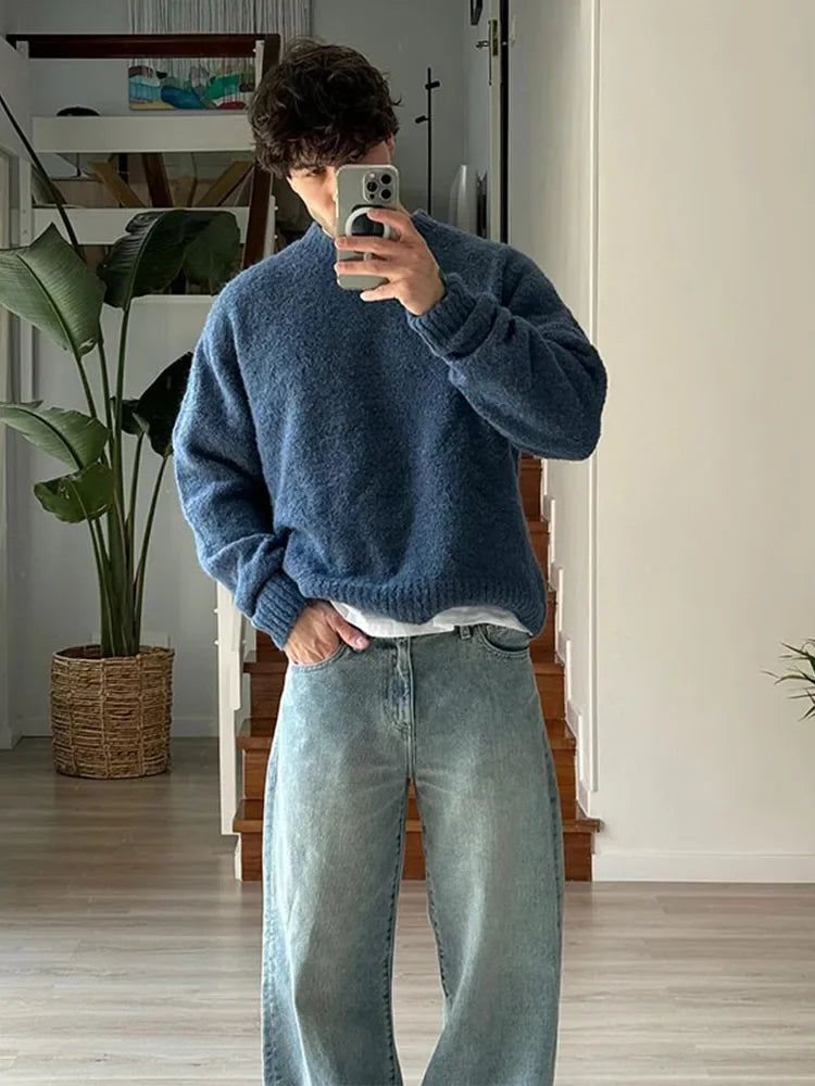 Hehope Fashion Solid Fleece Turtleneck Sweater For Male Casual Loose Long Sleeve Knitted Pullover 2024 Autumn Thicken Warm Men's Jumper