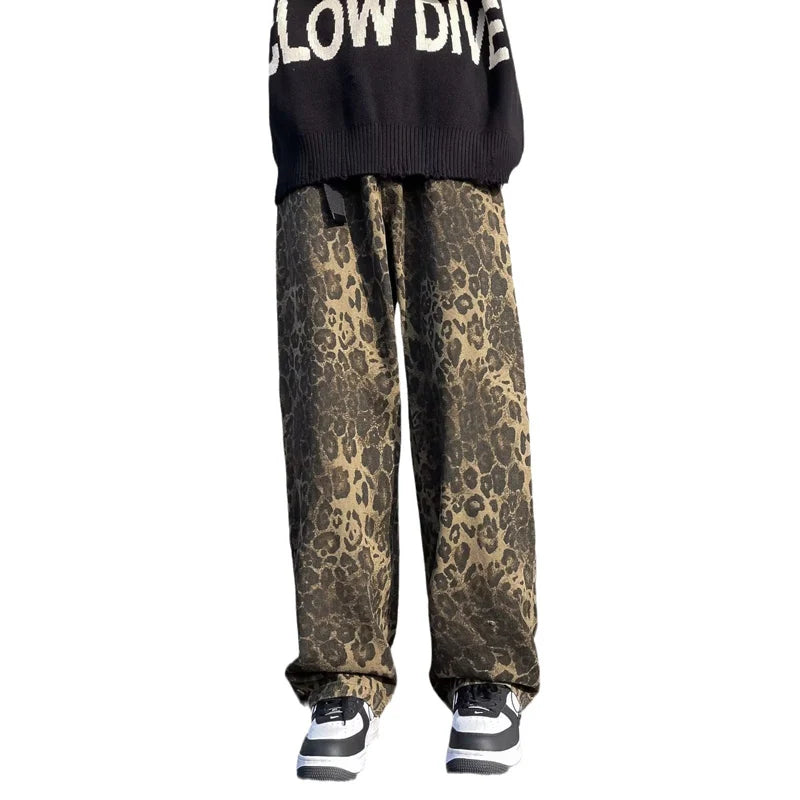 Hehope Brand Leopard Print Wide Leg Casual Pants Man 2024 Autumn Mid Rise Hip Hop Mens Trousers American Men Fashion Clothes