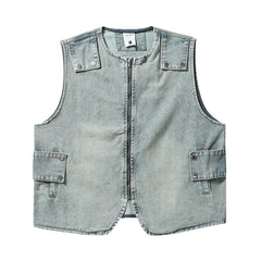 Hehope American Original Trendy Functional Denim Cargo Vest Washed Distressed Dark Vintage Round Neck Zipper Up Jeans Vests Couple