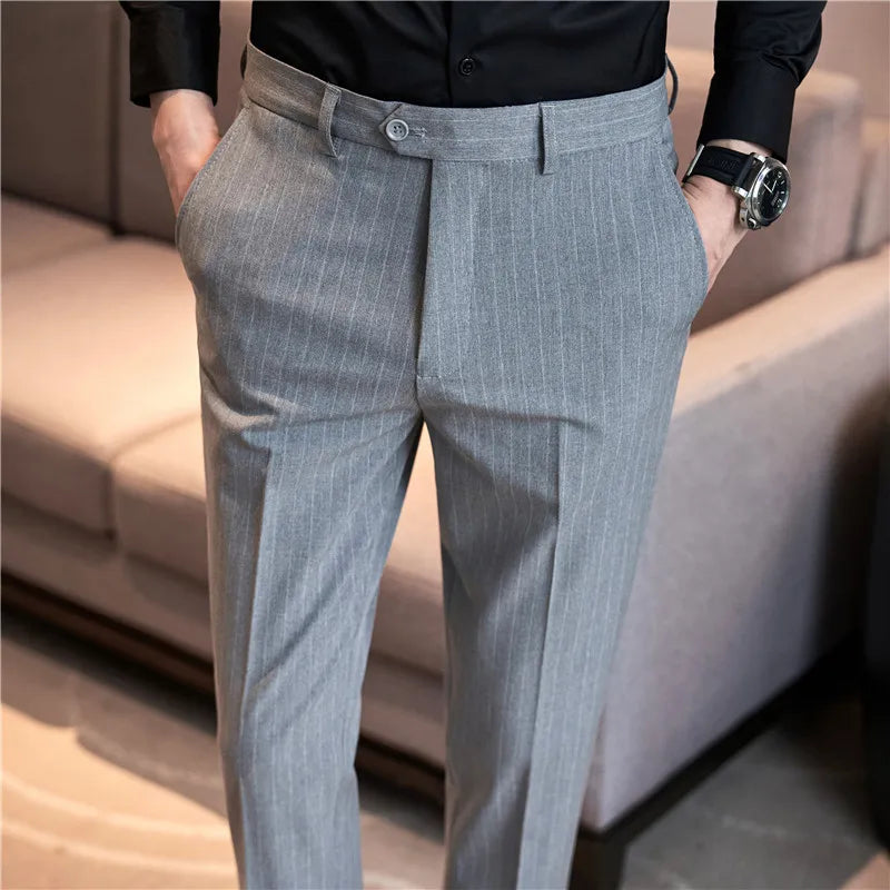 Hehope Autumn Winter Thickened Striped Suit Pant Men Business Slim Fit Long Pants Formal Office Social Party Casual Pants Streetwear