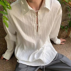 Hehope Mens Autumn Lace-Up Pleated Striped Shirt Genderless Lazy Style Temperament Fashion Palace Solid Color Long-Sleeve Top For Men