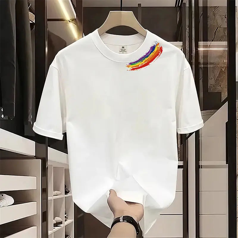 Hehope Street Casual Trend All-match Heavyweight Cotton Printing Rainbow Soft Loose Comfort New Style Men's Short Sleeved Summer 2024