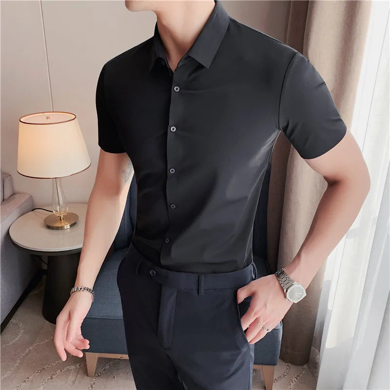 Hehope High elasticity Men Shirt Short sleeve 2024 Summer Anti-wrinkle Soft Thin Solid Casual Slim Fit Formal Dress Shirt Men Clothing