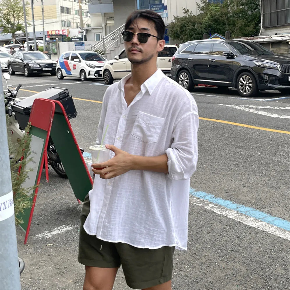 Hehope Summer New Korean Style Breathable Shirt, Casual Loose Cotton Linen Fabric Men's Shirt Thin Coat