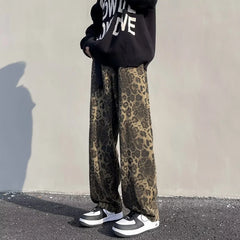 Hehope Brand Leopard Print Wide Leg Casual Pants Man 2024 Autumn Mid Rise Hip Hop Mens Trousers American Men Fashion Clothes