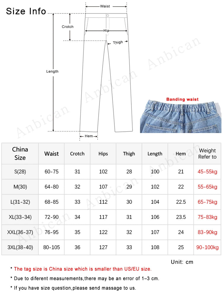 Hehope New Summer Men's Jeans Straight Denim Pants Banding Waist Cotton Streetwear Wide Leg Loose Casual Blue Long Jeans Trousers