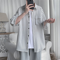 Hehope New Summer Striped Cargo Shirts Men Causal Three Quarter Sleeve Men's Oversized Japanese Vintage Loose Blouses