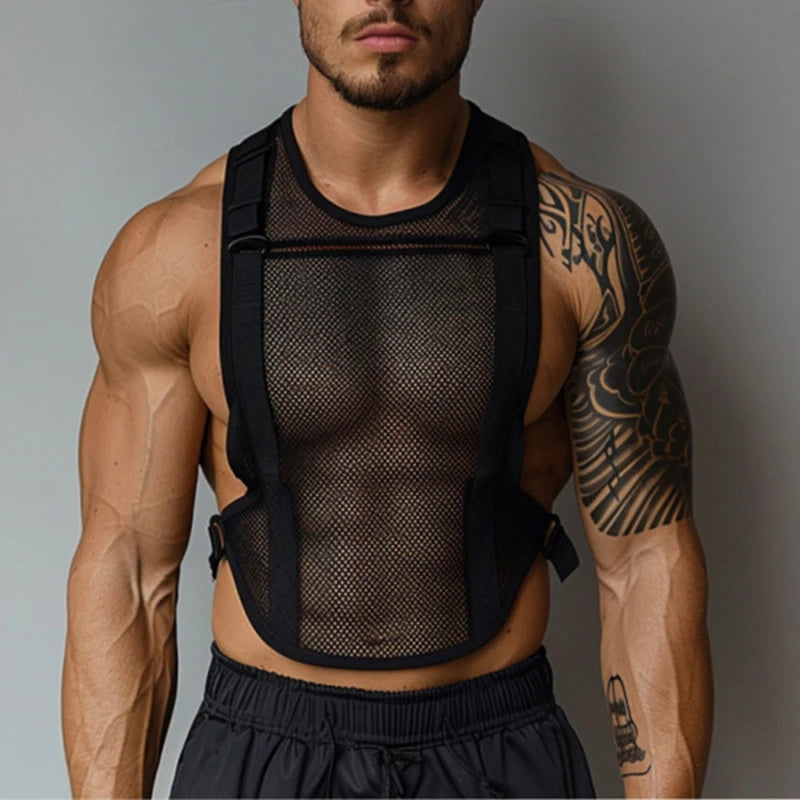 Hehope Sexy See Through Mesh Vest Mens Muscle Fitness Breathable Lace-up Tank Tops Men Spring Summer Fashion Sleeveless Slim Camisoles