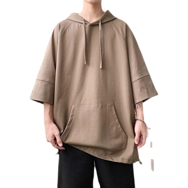 Hehope Solid Color Hooded T shirt Men Summer Korean Short Sleeve Pullover Loose Casual T-shirt Streetwear Drawstring Tops Men Clothing