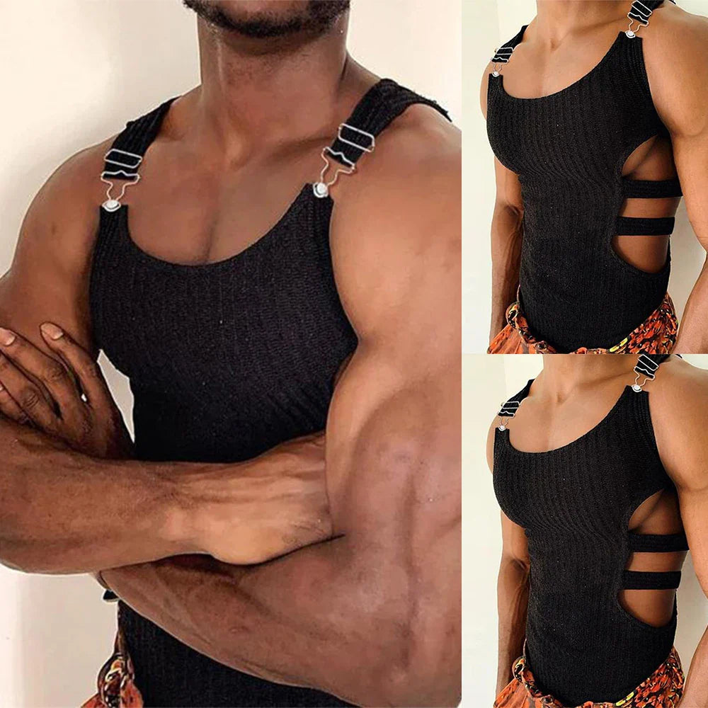 Hehope Mens Knitted Slim Crop Tops Fashion Side Hollow Sleeveless Adjustable Vests Erotic Sweatshirt Muscle Tank T Shirt Muscle Vest