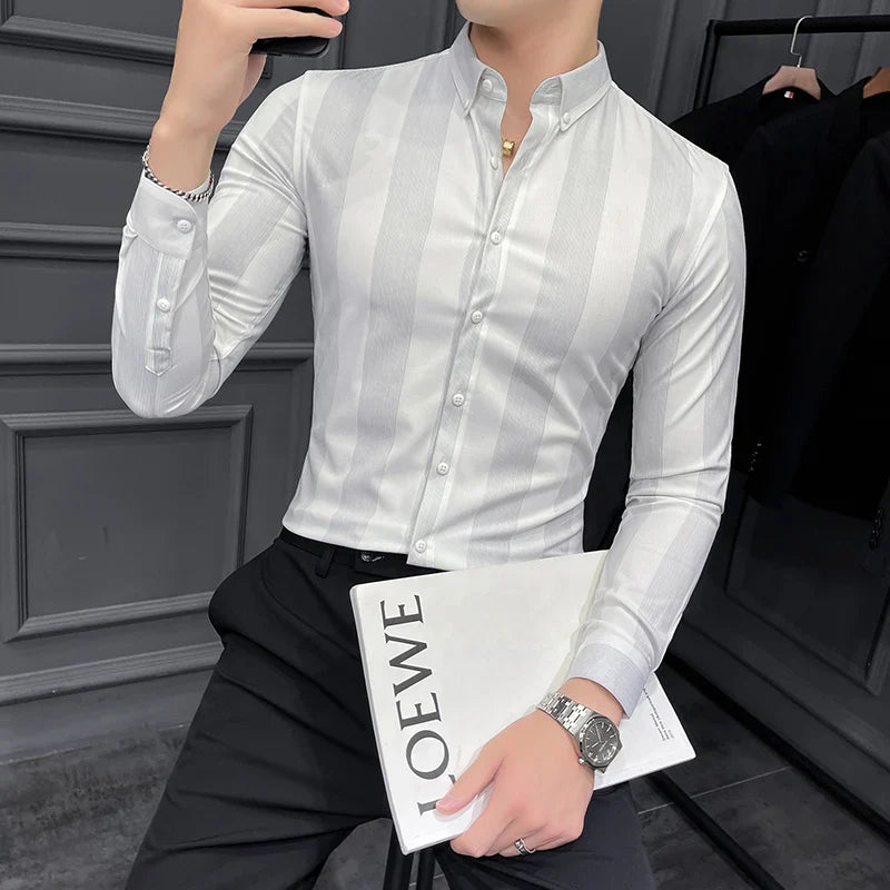 Hehope Autumn New Striped Long Sleeve Shirt Men's Korean Slim Business Dress Shirts Casual Streetwear Social Party Tuxedo Chemise Homme