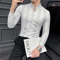 Hehope Autumn New Striped Long Sleeve Shirt Men's Korean Slim Business Dress Shirts Casual Streetwear Social Party Tuxedo Chemise Homme