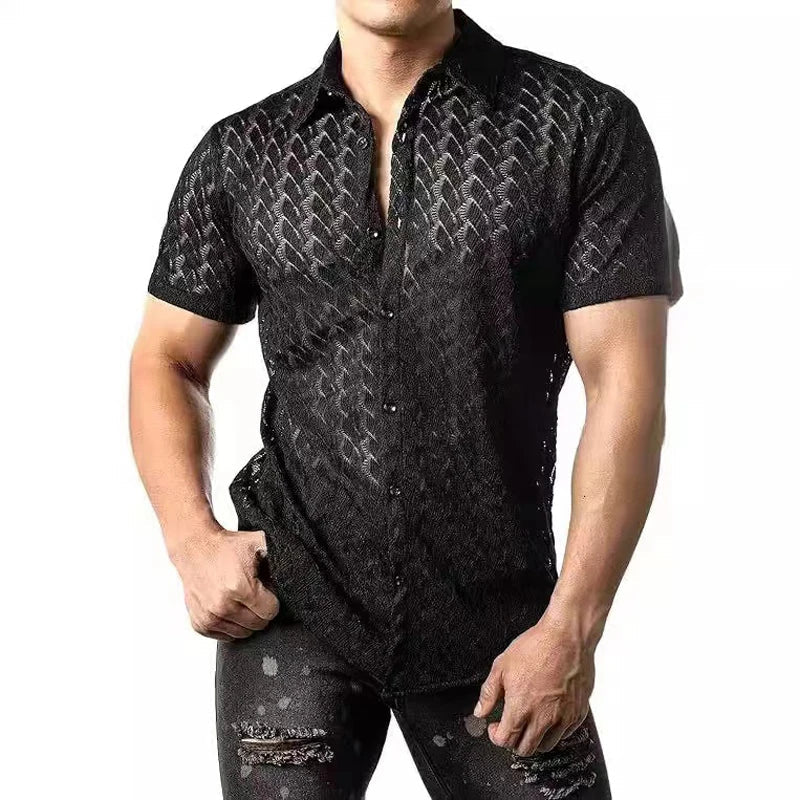 Hehope Fashion Summer New Men's Shirts Hollow-Out Lace Shirt Solid Geometric Patterns Lapel Perspective Short Sleeve Shirt For Male Top