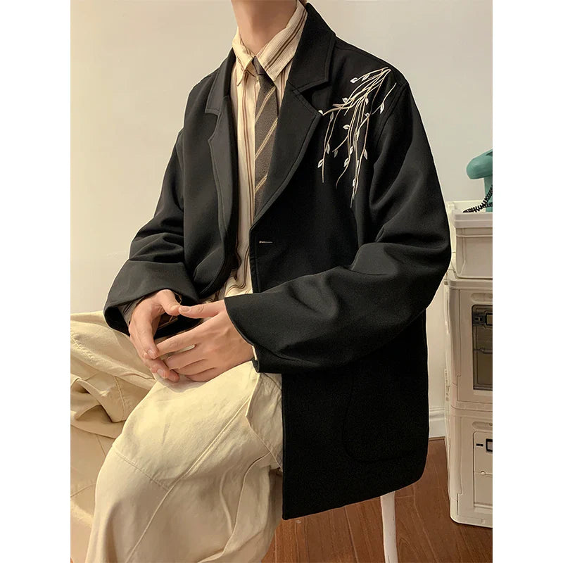 Hehope Casual Blazers Men Orchid Embroidery Solid Color Single Breasted Suit Jackets Japan Style Notched Collar Popular Interview Suits