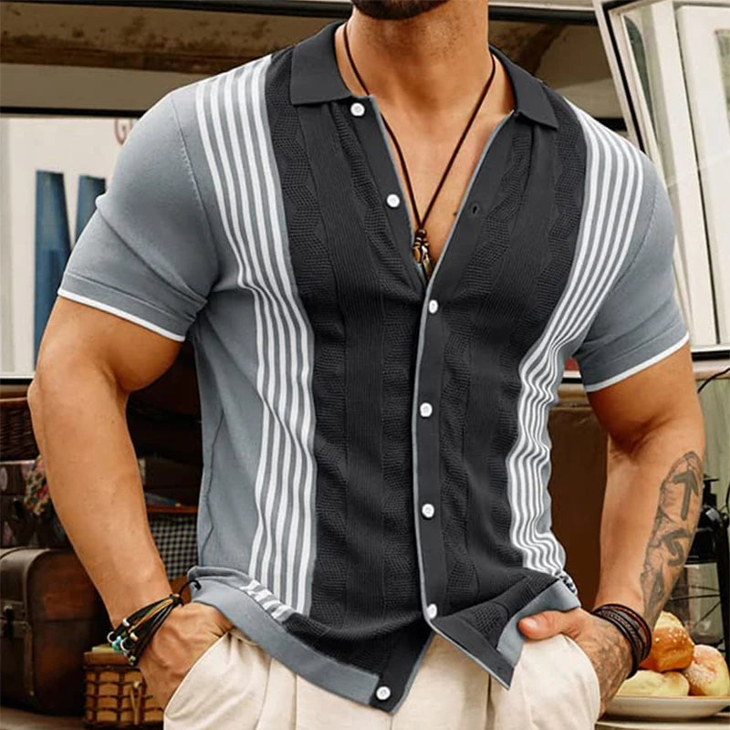 Hehope Fashion Striped Print Ice Silk Tops Men Summer Casual Breathable Short Sleeve Slim Knit Shirts For Mens Knitwear Vintage Shirt