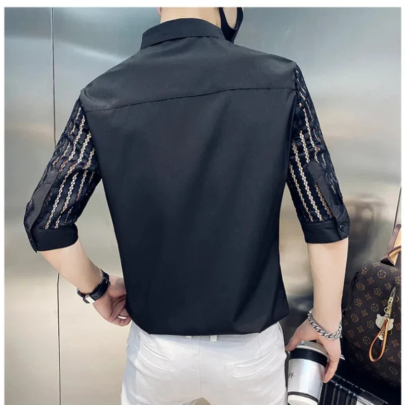 Hehope Summer Boyfriend 2024 New Spliced Square Collar Button Hollow Out Fashion Solid Slimming Minimalist Casual Half Sleeve Shirts