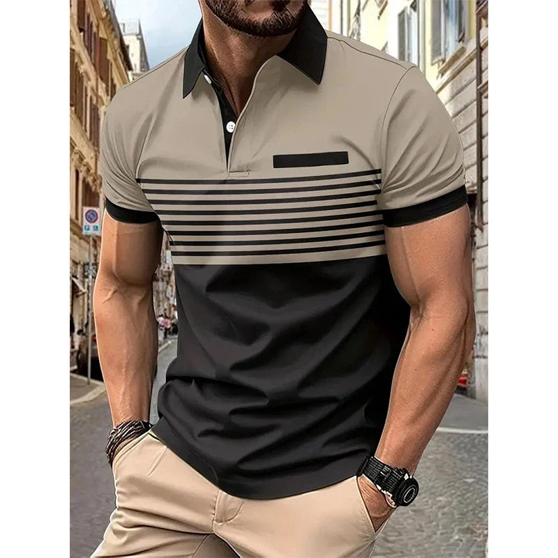 Hehope Summer New Casual Fashion Versatile Polo Shirt Men's Lapel Button Color Block Print Patchwork Striped Ventilate Long Sleeved Top