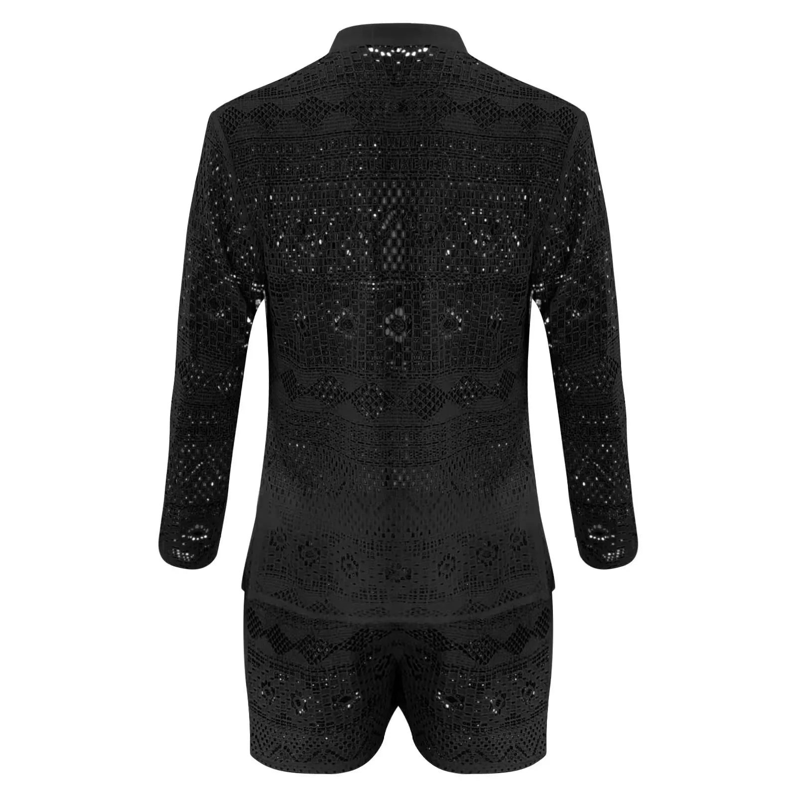 Hehope New Summer Men Two Piece Suits Sexy See Through Lace Outfits Beach Fashion Plain Pattern Print Long Sleeved Tops And Shorts Set