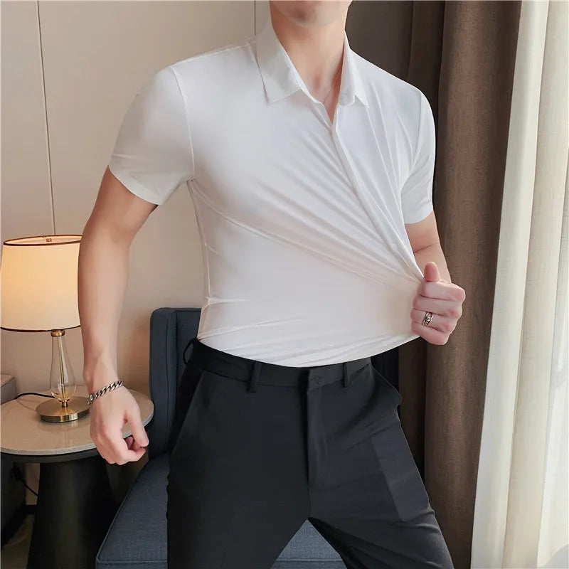 Hehope High elasticity Men Shirt Short sleeve 2024 Summer Anti-wrinkle Soft Thin Solid Casual Slim Fit Formal Dress Shirt Men Clothing