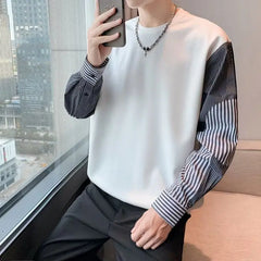 Hehope Fake Two Pieces Long Sleeve Sweater New Spring and Autumn Cool Fashion Casual Loose Stripe Splice Contrast Color Men's Wear