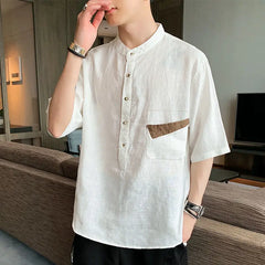 Hehope 2024 Summer New Trendy and Handsome Short Sleeves Thin Simple and Breathable Japanese Men's Pocket Shirt with 5/4 Sleeve Top