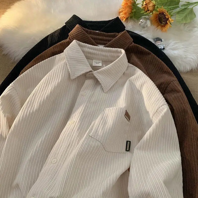 Hehope Corduroy Long Sleeve Polo Shirts for Men Fashion Retro Autumn and Winter New Loose Harajuku Casual Shirt Coat Men Clothing