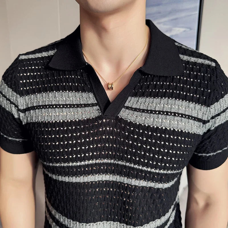 Hehope Men Polo Shirt 2024 Summer New Thin Knitted Striped Jacquard Patchwork Color Short Sleeved Casual V-neck T-shirt Men Clothing