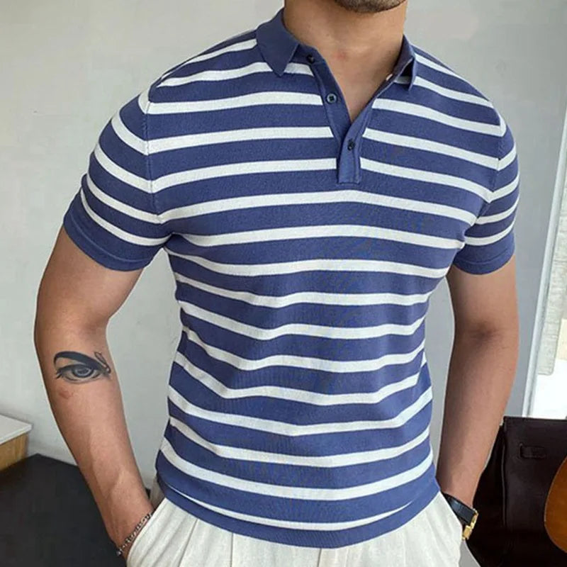 Hehope Summer New Slim-fit Striped Knit POLO Shirt for Men Business Casual Men Short Sleeve Tee Navy Striped T-shirt Men's Clothing Gym