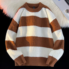 Hehope Autumn and Winter Round Neck Color Blocking Striped Knitted Sweater Casual Versatile Two-color Knitted Pullover Windproof  Warm