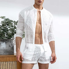 Hehope New Arrivals Men Set Summer Sexy See Through Lace Outfits Beach Fashion Short Sleeved Tops And Shorts Mens Two Piece Suits