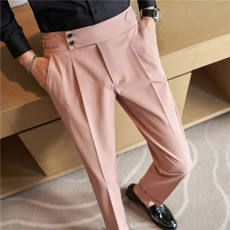 Hehope Men High Waist Casual Dress Pant 2023 Autumn New British Style Pink Trousers Formal Office Social Wedding Party Dress Suit Pants