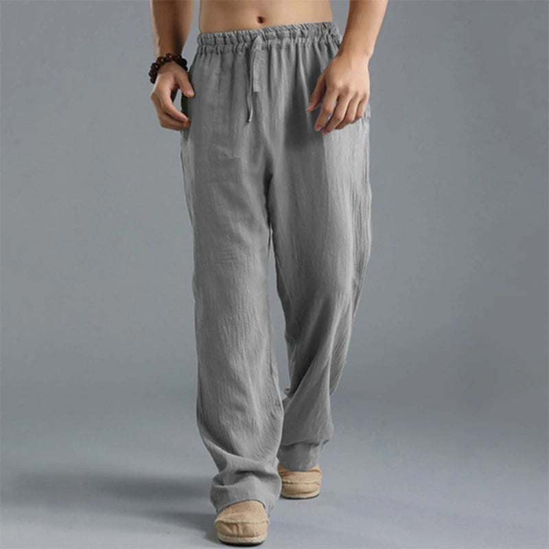 Hehope Casual Loose Breathable Thin Cotton Linen Trousers Men Spring Summer Beach Leisure Solid Color Straight Pants Mens Lace-up Pants