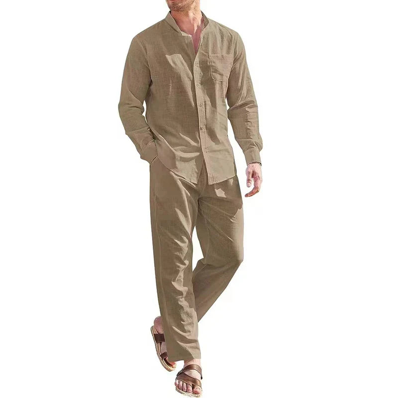 Hehope Fashion Men Casual Sports Suit Linen Breathable Solid Color V-neck Long Sleeve Shirt And Trousers Two-piece Set For Male Outfits