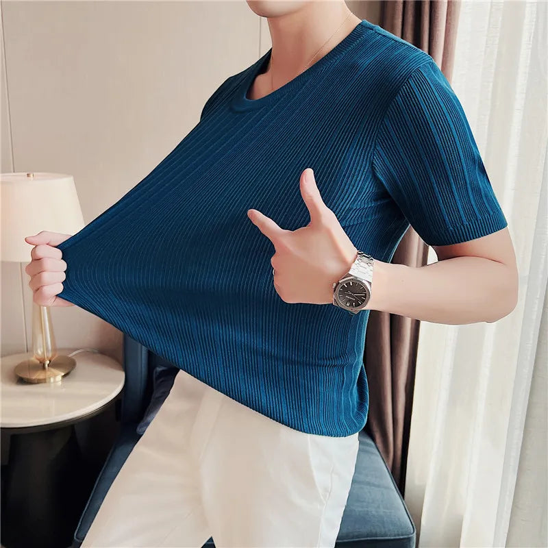 Hehope Men Short Sleeve T-Shirt Knitted Pullover 2024 Summer High Elastic Solid Casual Stripe Slim Fit Half High Collar Knit Sweater