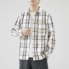 Hehope New retro men's loose shirt spring and summer plaid casual American cargo shirt coat