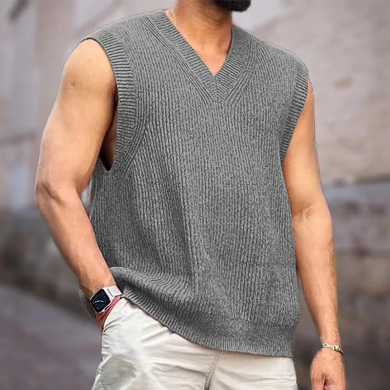 Hehope 2024 Spring Autumn Sweater Vest Men Simple All-match V-neck Solid loose Sleeveless Male Tops Basic  Leisure Knitted Clothing