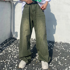 Hehope Green Jeans Baggy Distressed Vintage Denim Trousers Male Wide Leg Pants Men Streetwear Retro Oversize Casual Hip Hop