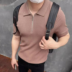 Hehope Streetwear Men's Knitting Polo Shirts Slim Fit Breathable Ice Silk Knit Tops Men Summer Casual Lapel Zipper Solid Color Polo Tee