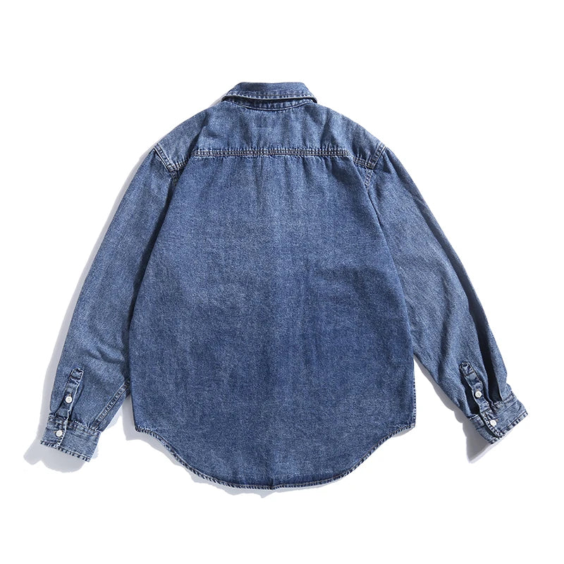 Hehope spring new Japanese retro 100% cotton denim long-sleeved shirt simple loose casual washed coat